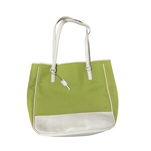 Fossil Key Charm Tote Bag Lime Green Canvas White Leather Trim‎ Shoulder Bag